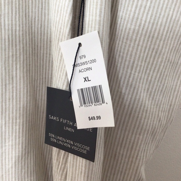 NWT Saks Fifth Avenue button down shirt men xl linen acorn tan - Picture 8 of 10